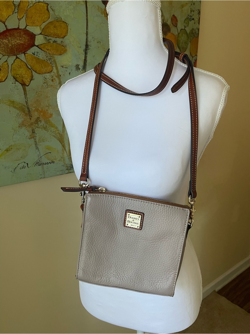 Dooney & Bourke Taupe Pebble Leather Crossbody with Brown Strap